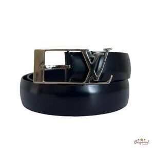 Authentic Louis Vuitton Black Leather Silver LV Initials Belt 85/34